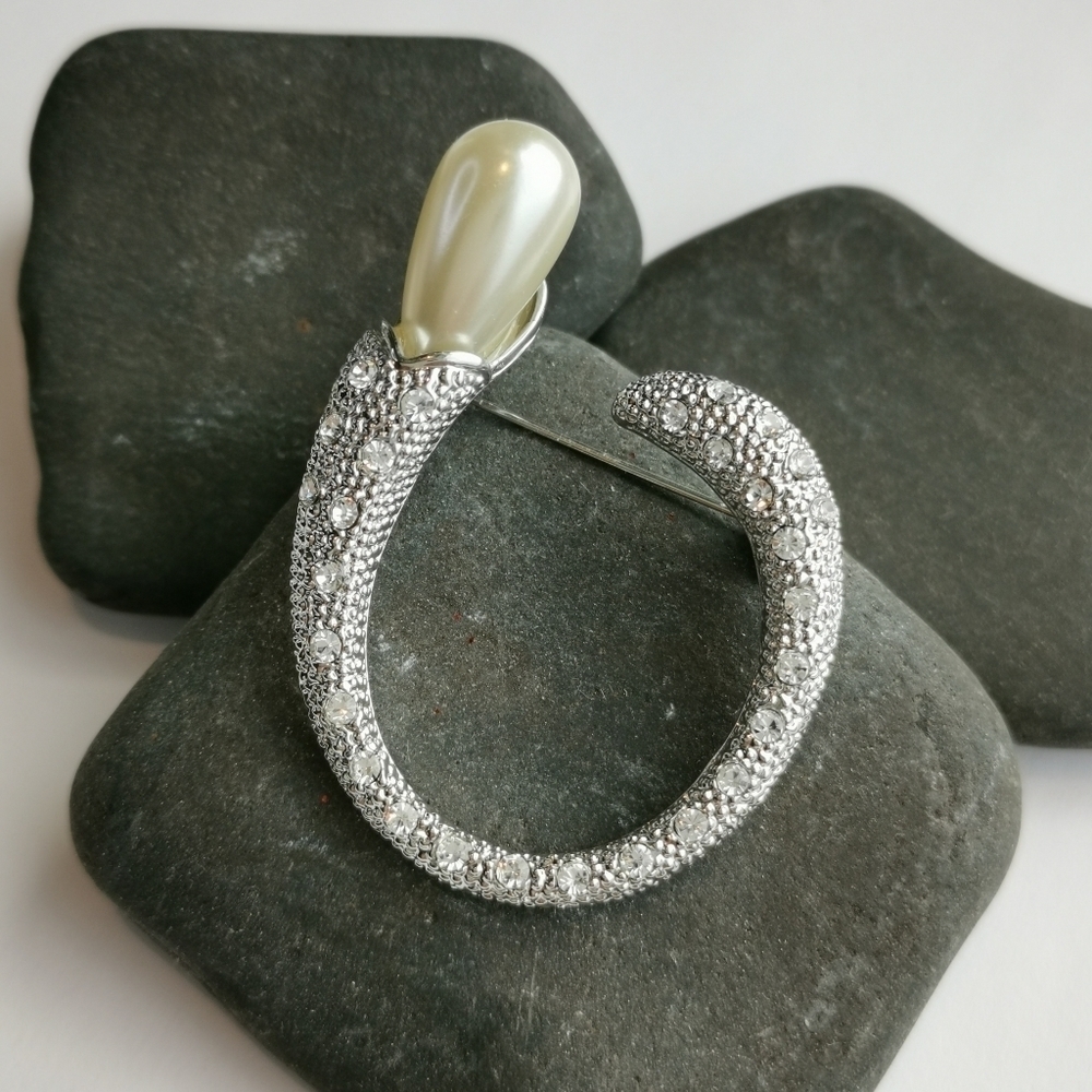 Vintage Silver Pearl Brooch Pin Mid Century Modern